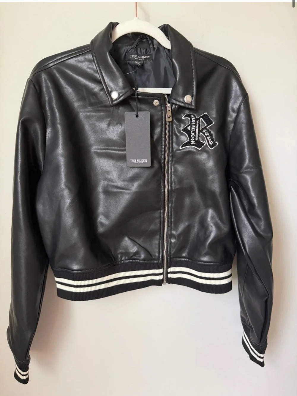 True Religion Black Faux Leather Varsity Bomber Jacket with Striped Trim